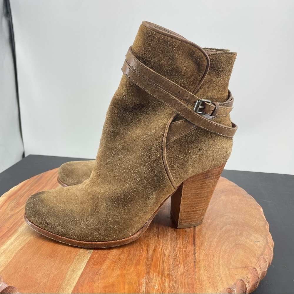 Allsaints Victoria tan suede belted heeled ankle boots Sz 38 US 7
